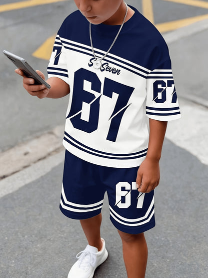 2pcs/Set Boys' Casual Stylish Creative Graphic Number 67 Cartoon Print Short Sleeve T-Shirt And Shorts Set, Comfortable Daily Wear for Spring, Summer & Autumn, for Outdoor