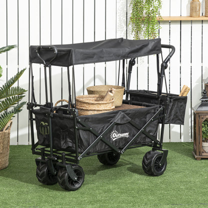 Folding Trolley Cart Storage Wagon Beach Trailer 4 Wheels with Handle Overhead Canopy Cart Push Pull For Shopping Camping, Spacious Design With Side Outer Pocket, Telescopic Pull Handle, Cup Holder, Steel Frame With 360° Rotating Wheels