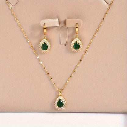 3 pcs/set, boho & elegant style, golden drop shape design pendant, deep inlay green faux diamond necklace & studs, fashion delicate accessory for daily wear & party, gift idea for ladies