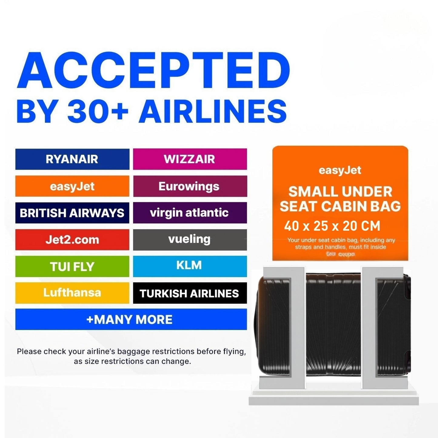 1611 RYANAIR UNDERSEAT CABIN TROLLEY CASE 40 X 25 X 20 CM DETACHABLE WHEELS