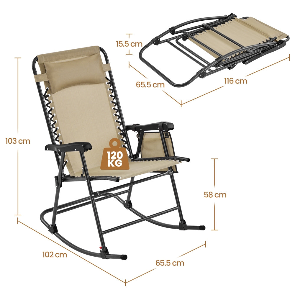 Costoffs Patio Chair Foldable Rocking Chair, Outdoor Lounge Chair with Headrest Pillow for Outdoor Use Only, Napping or Sunbathing, Black/Beige/Navy Blue Outdoor Use Only