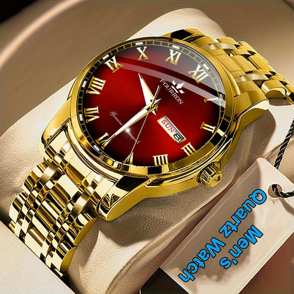 1pc FOURRON Brand New Trendy Fashion Men'S Quartz Watch Stainless Steel Strap with Day Date, Roman Numeral Disc Multi-Function Luminous Luxury Men'S Wristwatches, Friends And Relatives Birthday Gifts, Holiday Party Gifts Preferred Choice