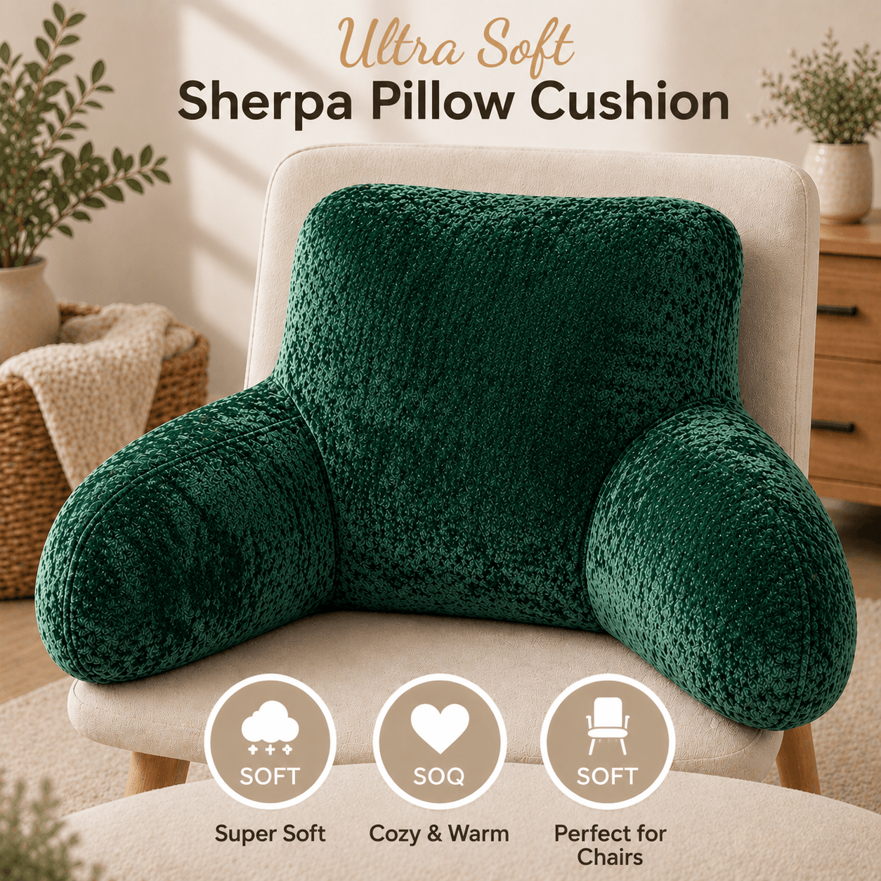 Teddy Fleece Reading Pillow with Arms Soft Backrest Support Cushion 65x40cm for Bed and Sofa in 4 Colours