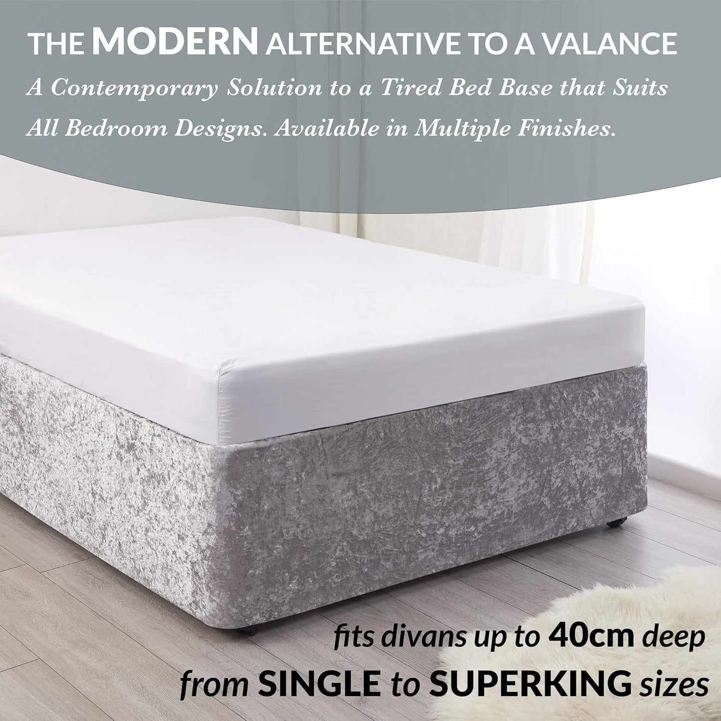 Elegant Silver Grey Crushed Velvet Wrap Around Bed Skirt - 40CM Extra Deep Bedbase Cover for Bedroom Guest Room with Adjustable All Around Elastic for Easy Fit - Soft, Breathable, and Dust-Repelling