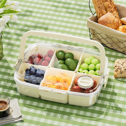 Snack Box with 6 Compartments, Snack Plate with Lid, Portable Storage Box, Bento Box with Handle, Storage Container for Candy, Veggie, Biscuit, Nuts, Fruit, Cream White