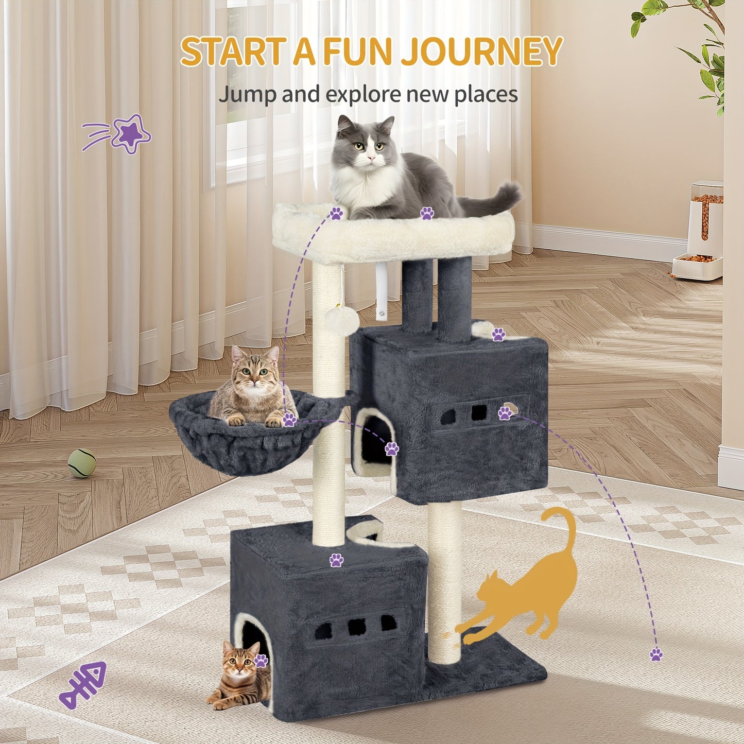 Cat Tree, Small Scratching Post, Multi-Storey Scratching Post with Perch, Cat House Furniture with 2 Caves, Sisal Cat Scratching Post, Hammock, 98 Cm
