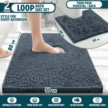 2-Piece Loop Bathroom Mat Set | Soft Chenille Microfiber Rugs with Non-Slip Backing | Machine Washable | Includes 50x80cm Bath Mat & 50x40cm Pedestal Mat | Stylish, Comfy & Durable | UK STOCK | LOCAL WAREHOUSE