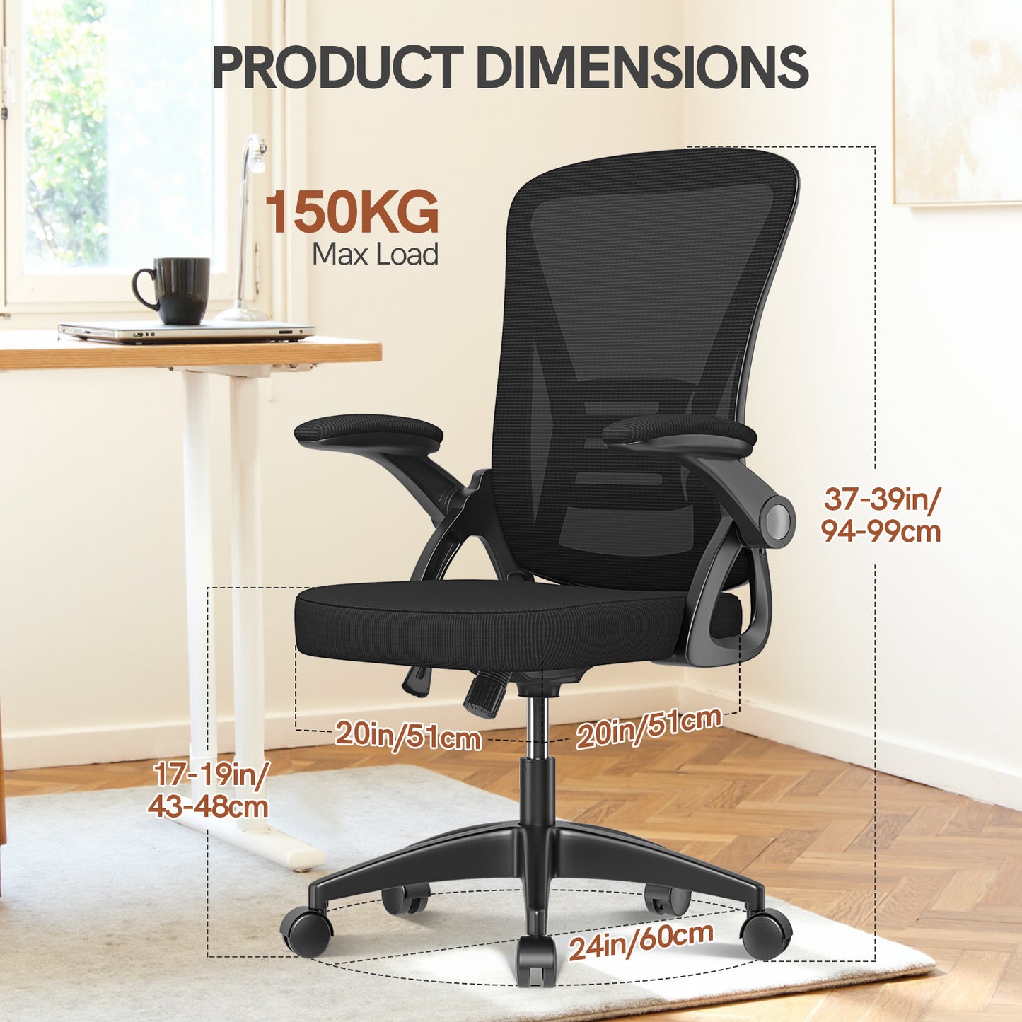 GartistGo Office Chair Ergonomic Desk with 90° Flip-up Armrest Lumbar Support, Height Adjustable Chair, Executive Swivel Computer Padded Seat Cushion for Home/Office