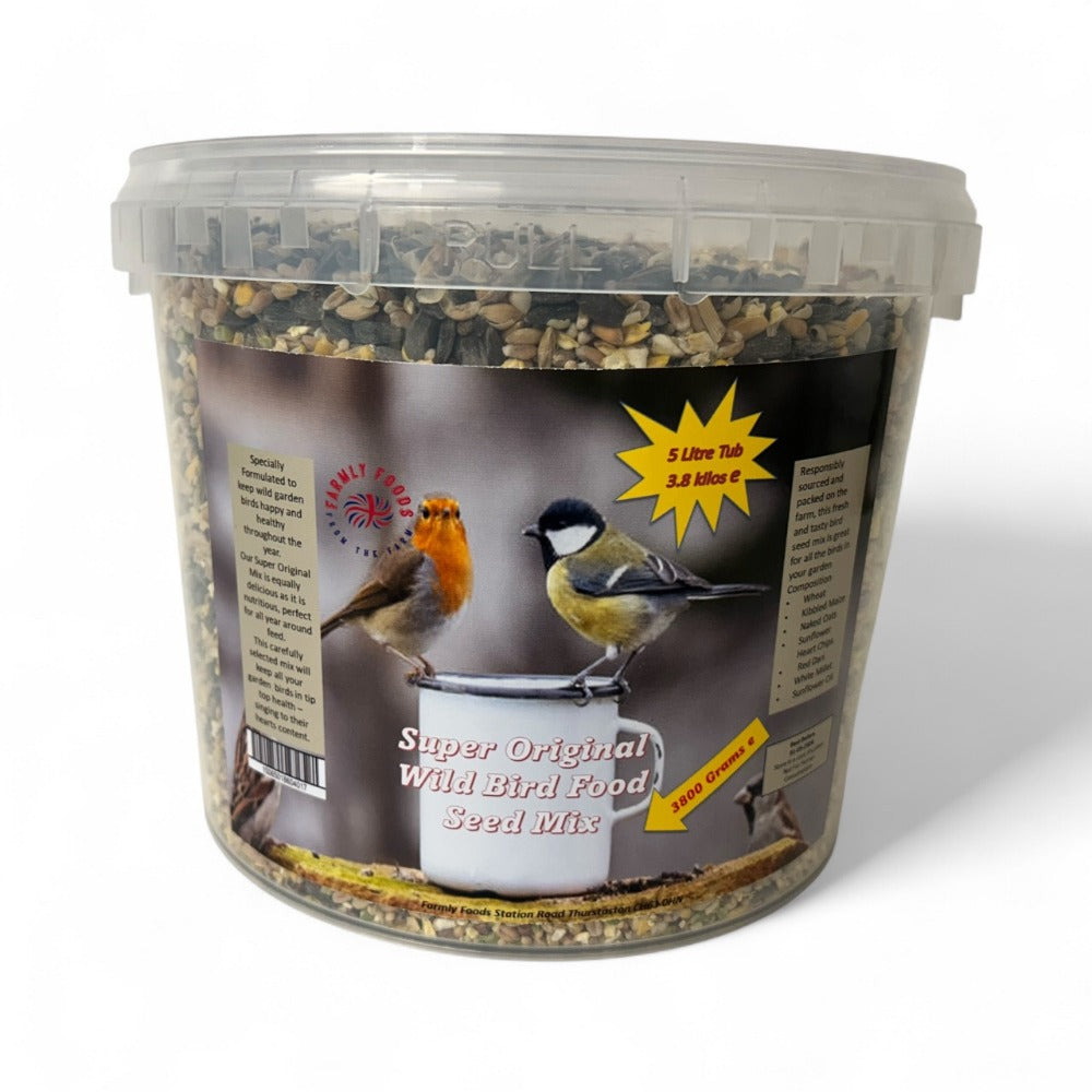 Farmly Foods Super Original Wild Bird Seed Mix 5 Litre Airtight Tub – 15-Seed Blend, 3.8kg, Attracts Robins, Blue Tits, Finches & More Garden Birds