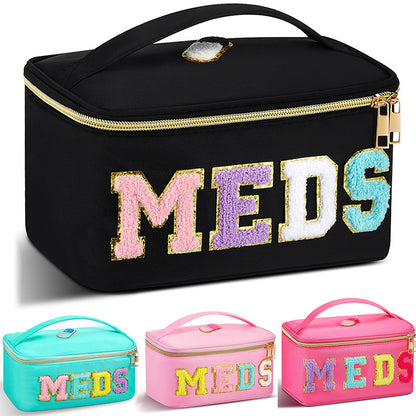 Women'S Large Capacity Makeup & Medication Organizer Bag with MEDS Lettering & Glittery Accent - Portable Travel Toiletry Case, Spacious Multi-Compartment Storage for Medication, Cosmetics, Jewelry & Accessories, Durable Fabric-like Material (Pink/Black/T