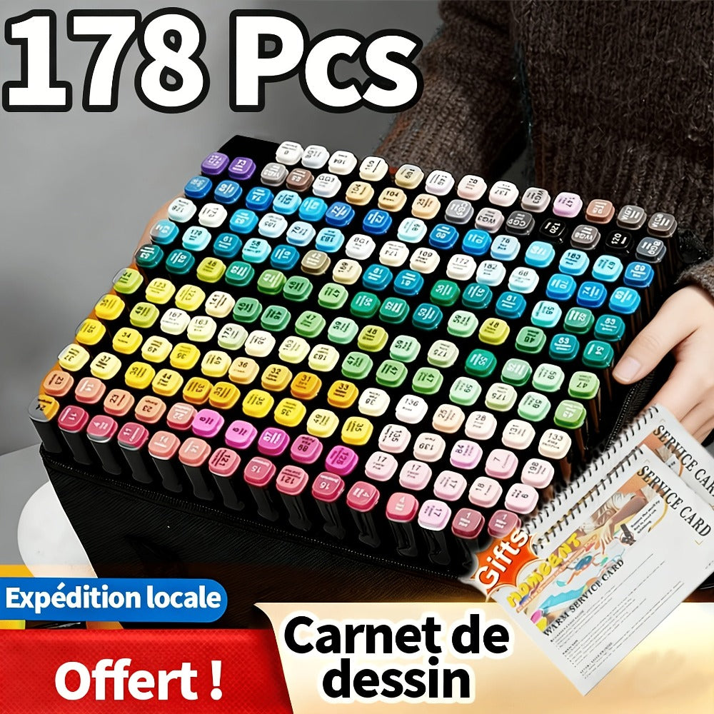 178-Colour Dual-Tip Art Marker Set with Drawing Book – Professional Sketch Illustration Markers Gift Box or Cloth Bag for Artists Adults & Christmas Gift