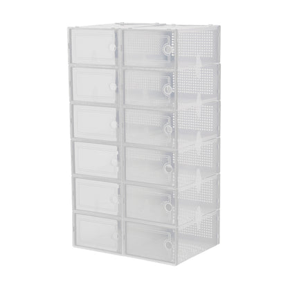 Pack of 12 Stackable Shoe Organizers Shoe Storage Boxes with Dustproof Doors, Large Shoe Boxes Transparent Foldable Shoe Storage Cabinet, Portable Space-saving Shoe Box, Under Bed Shoe Containers, Versatile Footwear Containers Holder for Entryway, Closet,