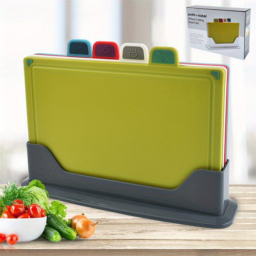 Index Chopping Board Set of 4, Plastic Cutting Boards with Stand, Color Coded Chopping Boards for Kitchen, Dishwasher Safe