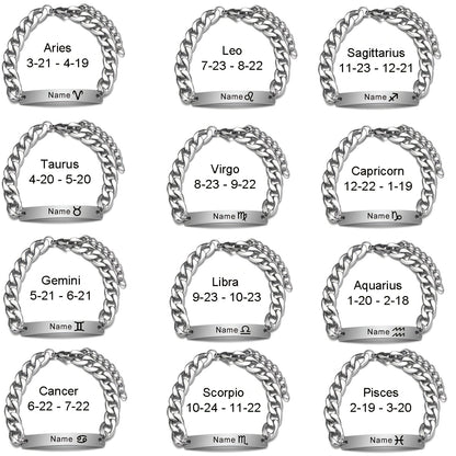 Customized Personalized 12 Constellation Symbol Bracelet, Custom Name And Constellation Symbol, Men's Bracelet, Stainless Steel Chain Hand Card Bracelet, Father's Day Gift for Dad, Husband, Lover, Handsome Gift