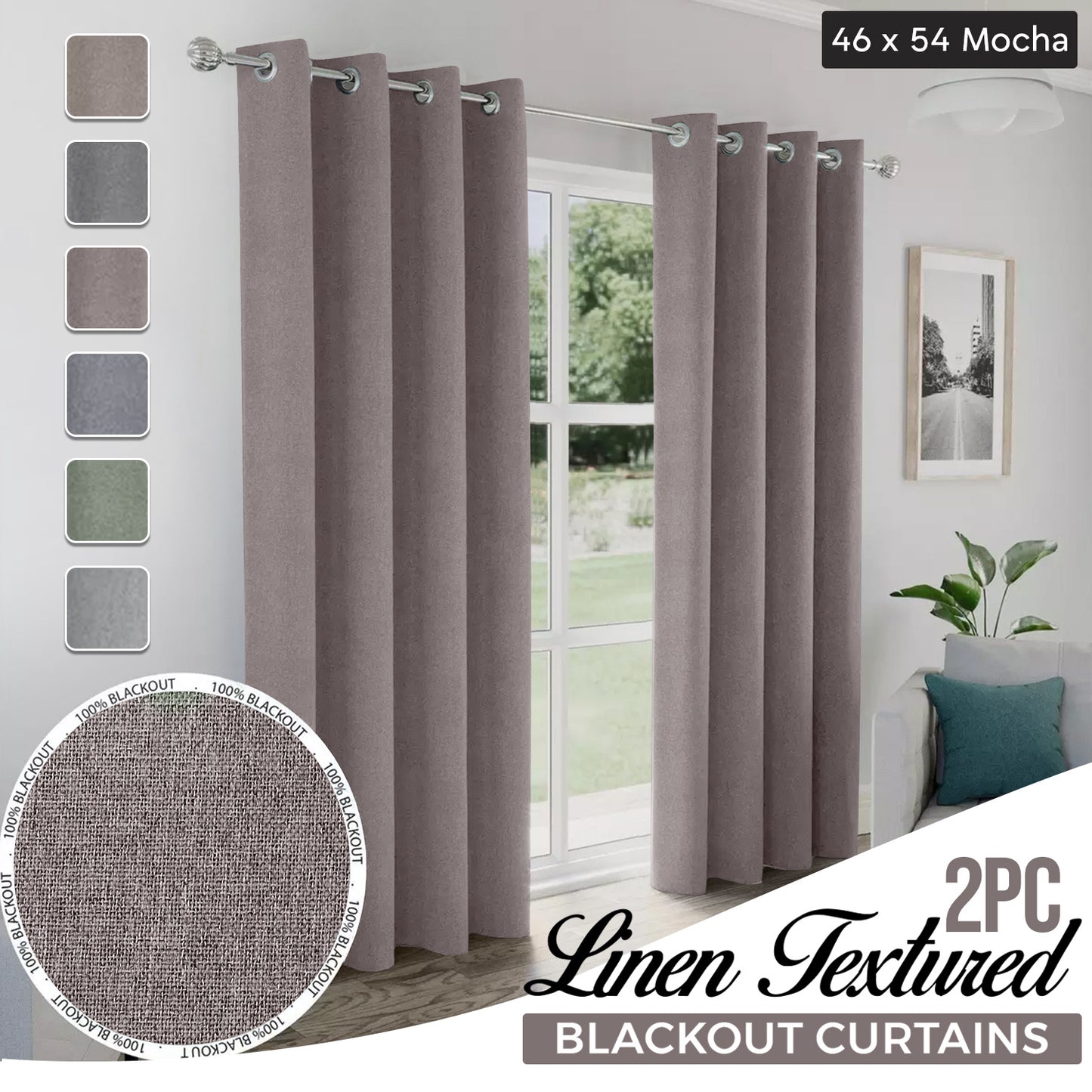 2pcs Linen Textured Blackout Curtains – Linen-Look Coated Thick Fabric Grommet Top Drapes for Bedroom & Living Room, Noise Reducing Energy Saving Window Panels for Home Decor 135GSM