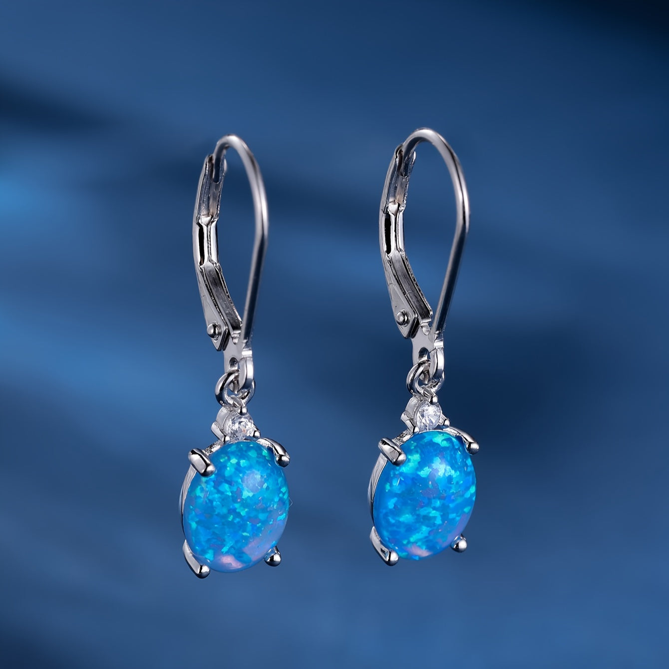 [Green Fire Opal Dangle Earrings] S925 Round-Cut Opal Dangle Earrings - Rhodium Plated Leverback Gemstone Drop Earrings 2.2G - Green Fire Opal Women Jewelry