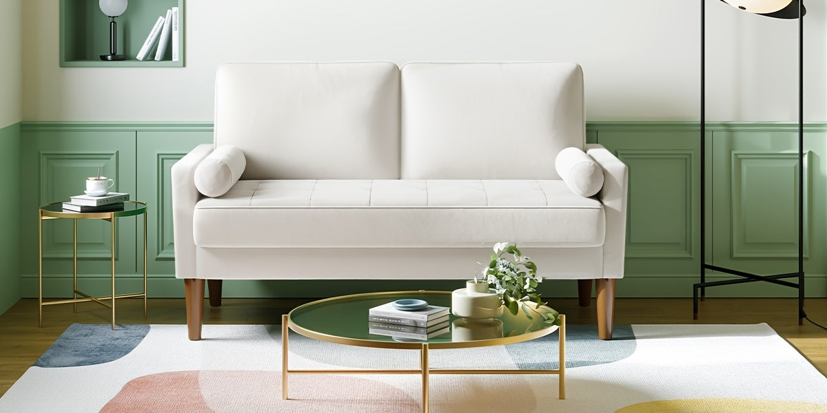 Vesgantti Small 2 Seater Sofa Beige, Comfy Couch with Spring Cushion, Velvet Sofa with Wood Legs, Modern Love Seat Sofa 2 Seater for Living Room, Small Couch for Bedroom, Beige Office Couch