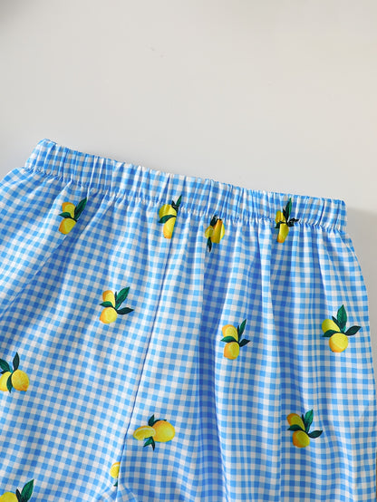 2pcs Set. Girls' Vest And Shorts Outfit, Lemon Print, Contrast Plaid Pattern, Bow Detail, Ruffled Hem. Summer Casual Outfit for Girls. Ideal Gift for 1-8 Year Olds. Suitable for Outdoor Wear