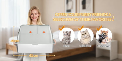 Stainless Steel Litter Tray with Lid, Enclosed Litter Box, Hinged Lid for Easy Cleaning, Includes Pedal And Scoop, Modular Design, 61L X 41W X 40H Cm, Light Grey
