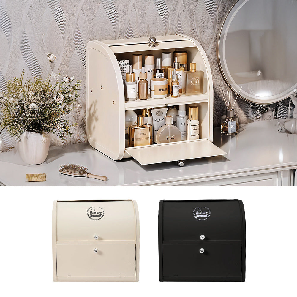 2-tier Bread Bin Metal Bread Box Holder for Kitchen Bread Storage Containers with Roll Top, Bread Container for Kitchen Countertop, Space Saving, Cream White/ Black