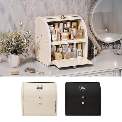 2-tier Bread Bin Metal Bread Box Holder for Kitchen Bread Storage Containers with Roll Top, Bread Container for Kitchen Countertop, Space Saving, Cream White/ Black