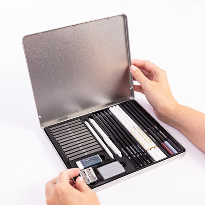 Evelay 28pcs Professional Drawing Pencil Set – Sketching & Art Supplies Kit with Charcoal, Graphite, Pastels, Erasers & Tin Case – Ideal Gift for Beginners & Artists