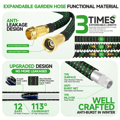 LOVFEN Ultra-Lightweight Expandable Garden Hose - Leak-Proof, 10-Function Nozzle, Retractable, Flexible, Kink-Resistant, Durable, Easy-To-Store Water Hose for Gardening, Washing Cars, And Outdoor Activities 7.62/15.24/22.86/30.48/45.72meter