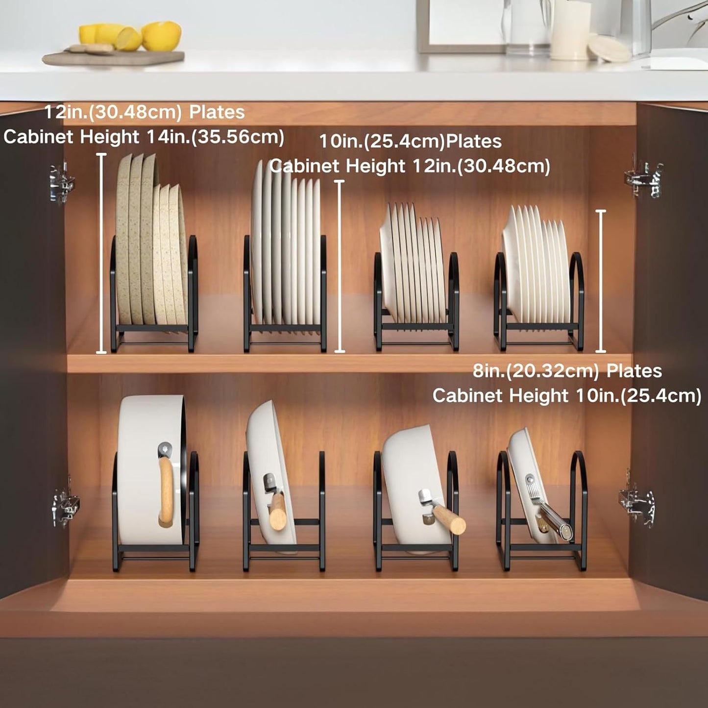 4 Pack Kitchen Plate Holder Organiser, Metal Dish Storage Rack for Cabinet, Cupboard & Countertop, Space Saver Upright Dish Drying Stand – 2 Large & 2 Small, Black