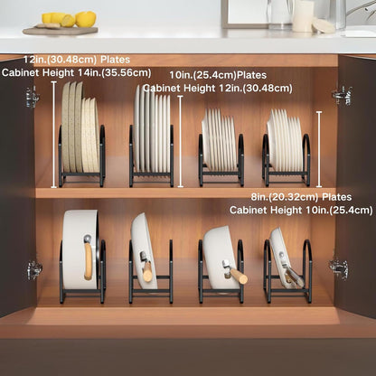 4 Pack Kitchen Plate Holder Organiser, Metal Dish Storage Rack for Cabinet, Cupboard & Countertop, Space Saver Upright Dish Drying Stand – 2 Large & 2 Small, Black
