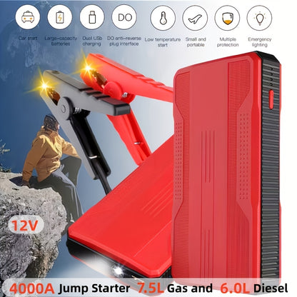 KOPUO Car Battery Jump Starter Portable 3000A: Supports 1.32gal Gas/1.06gal Diesel, with Safe Jumper Cables+Fast Charge+LED Light/SOS, Essential for Camping Trips/Long-Distance Road Trips/Vehicle Breakdowns