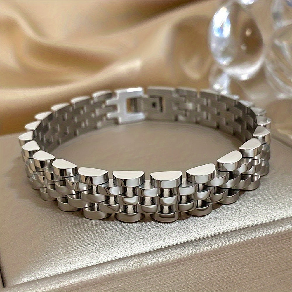 1 Punk Waterproof Stainless Steel Bracelet, Suitable for Women Men and Girls Thick Metal Strap Thick Chain Declaration Bracelet Golden Silvery Fashion Jewelry, Party Accessories, Vintage Bracelet, Father's Day Gift, Valentine's Day Gift