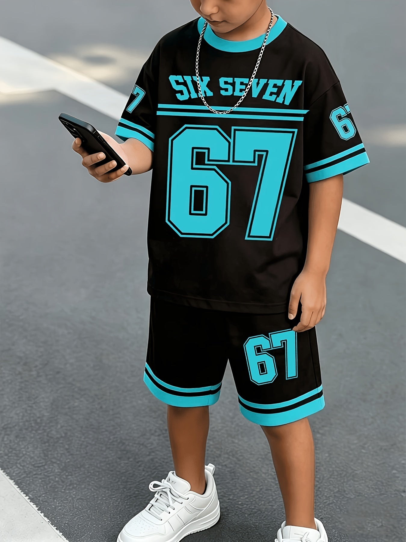 2pcs/Set Boys' Casual Stylish Creative Graphic Number 67 Cartoon Print Short Sleeve T-Shirt And Shorts Set, Comfortable Daily Wear for Spring, Summer & Autumn, for Outdoor