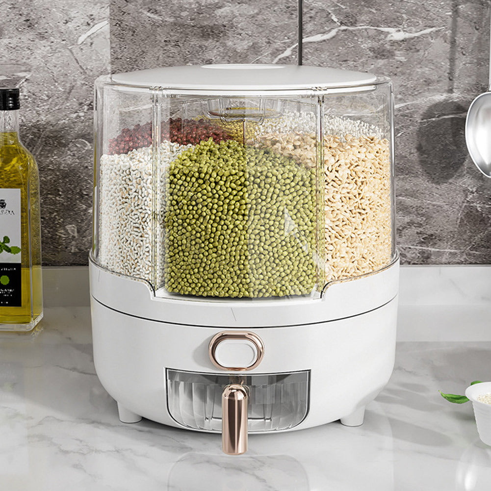 Grain Dispenser 360° Rotating Dispenser 6-Grid Rice Dispenser Food Dispenser Bucket Transparent Kitchen Organization For Countertops, White