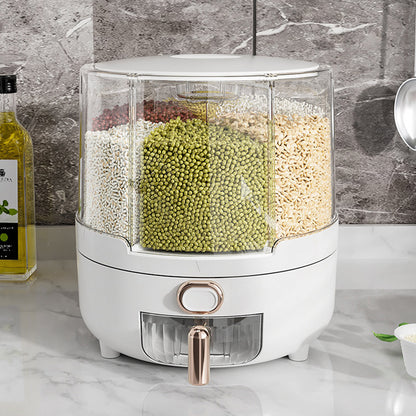 Grain Dispenser 360° Rotating Dispenser 6-Grid Rice Dispenser Food Dispenser Bucket Transparent Kitchen Organization For Countertops, White
