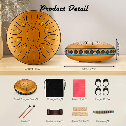 Steel Tongue Drum, 6 Inch 11 Notes, C Key & Rust-Proof Tongue Drum Percussion, Leaf Pattern Handpan Outside with Bag and Percussion Instruments for Meditation, Music Therapy