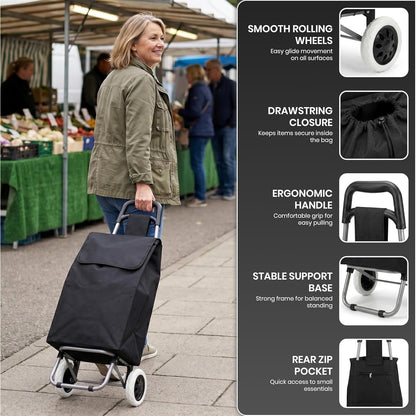 59L Folding Shopping Trolley on Wheels, Lightweight Foldable Grocery Cart with Large Waterproof Bag & Zipped Pocket for Grocery Shopping, Travel & Camping (Black)