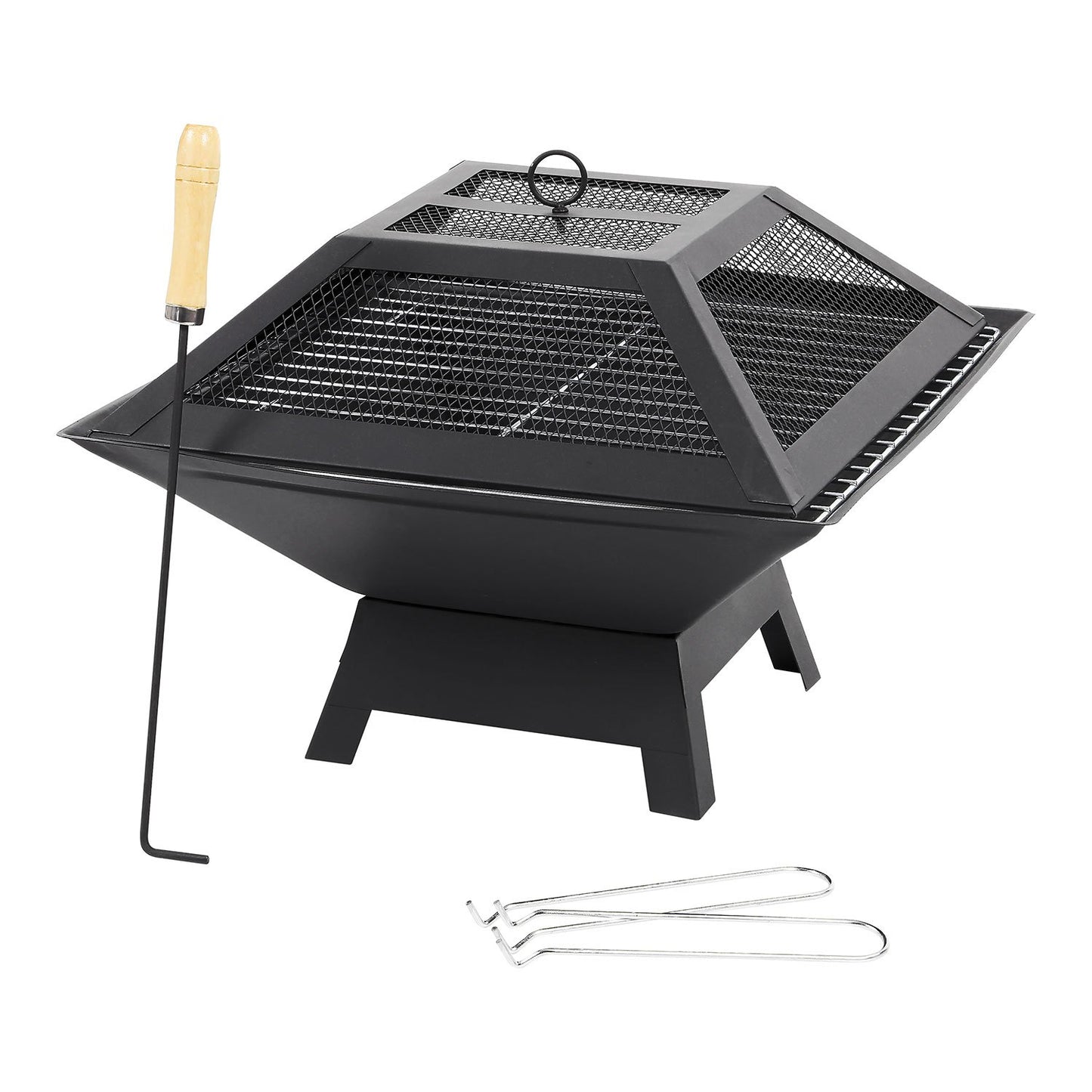 Taylor & Brown Square Fire Pit with BBQ Grill Heater Outdoor Garden Black Barbeque Metal Brazier Patio Decor Firepit Stove Portable Heat Mesh Cover for Camping or Picnics