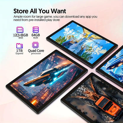Newly Upgraded Android 15 System, 10.1-Inch New Tablet, 12 (3+9) GB RAM, 64GB ROM And 1TB Expandable Memory, Multiple Combinations to Choose from (Tablet with Leather Case/Tablet with Keyboard Set), 2.0+8.0MP, Wifi, 6000Mah Battery, Tablet, Pad