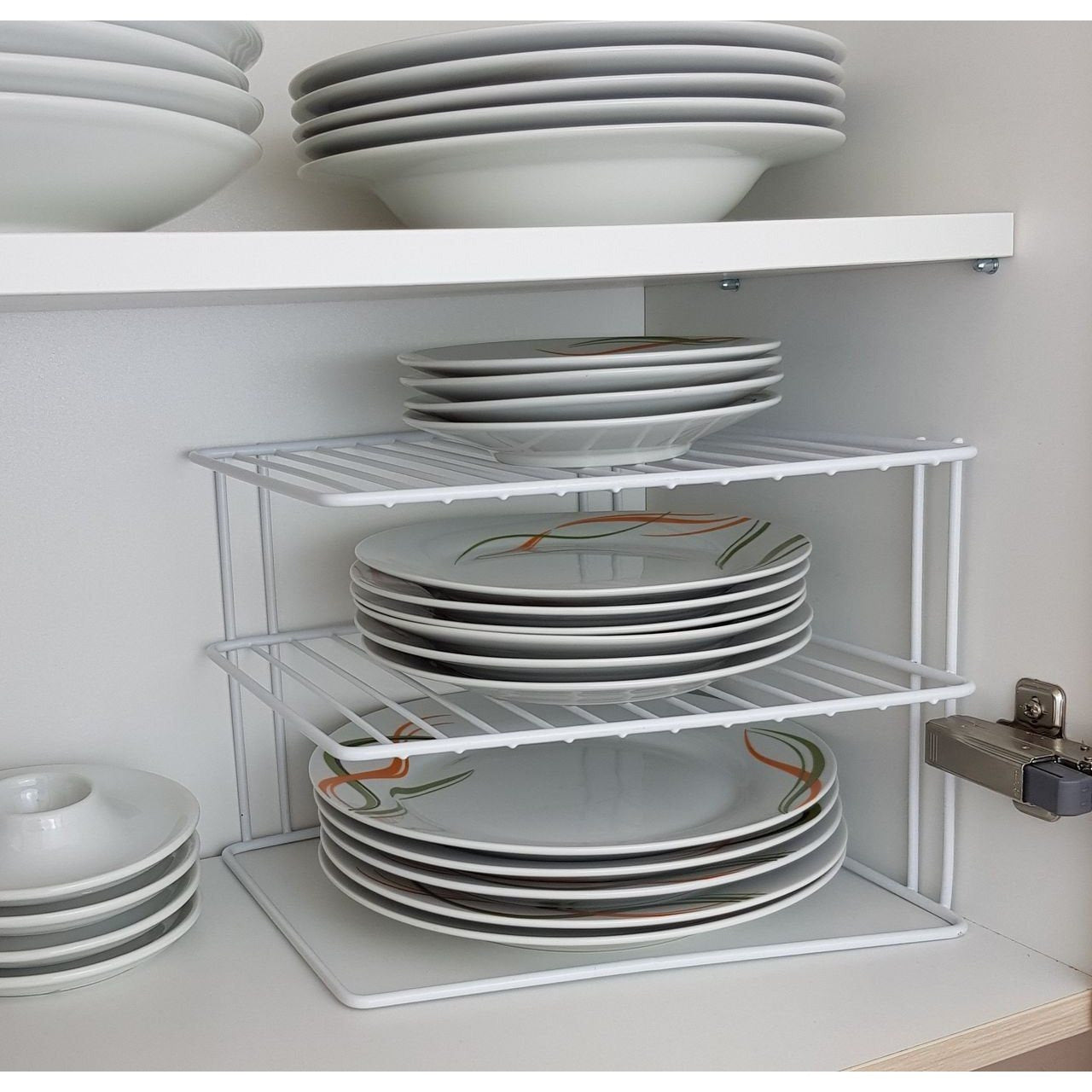 Taylor & Brown 3 Tier Corner Kitchen Plate Bowl Rack Stand Holder Tidy Cupboard Shelf Insert Storage Organiser, Space Saving, H19 x W25.5 x D25.5cm, White