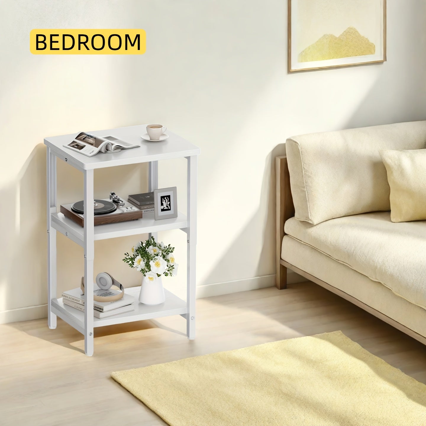 Bookshelf, Sofa Side Table Living Room, Industrial End Table With 3-Tier Storage Shelves, Bedside Tables With Height Adjustable, Steel Frame, Nightstand 37 x 30 x 59.4/62.4/65.4 cm, 4 Colors