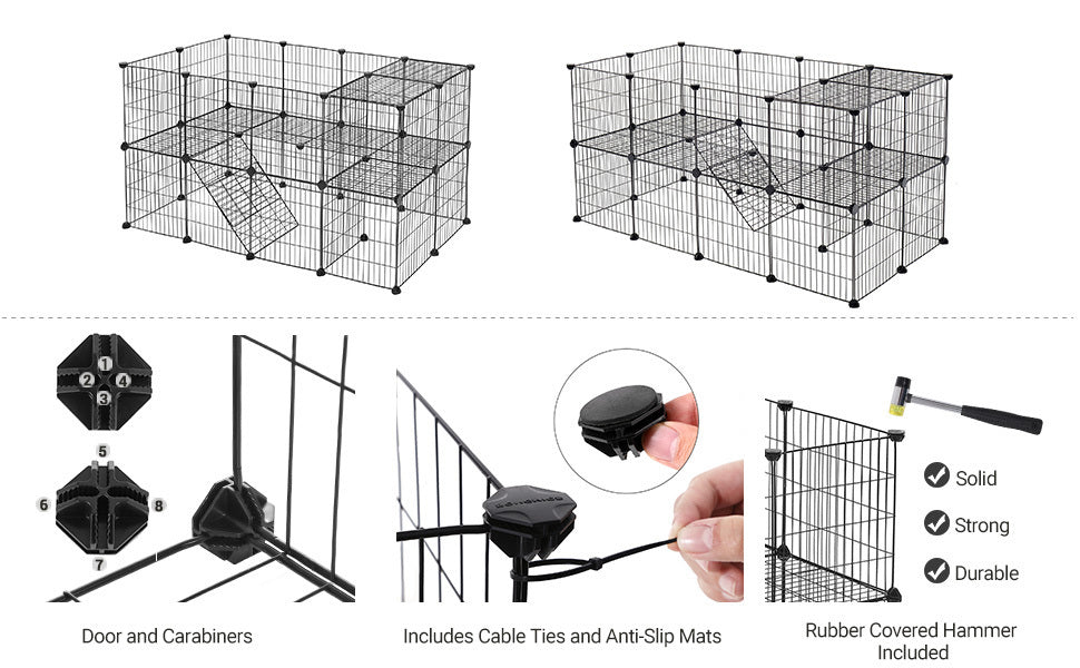 2-Floor Metal Pet Playpen, 36 Grid Panels, Customisable Cage Enclosure for Small Animals, Guinea Pigs Hamster Runs, Rabbit Hutches, Includes Mallet, Indoor, 143 x 73 x 71 cm, White/Black