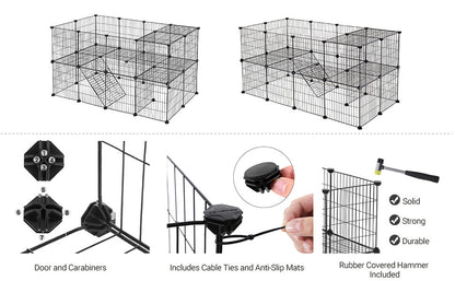 2-Floor Metal Pet Playpen, 36 Grid Panels, Customisable Cage Enclosure for Small Animals, Guinea Pigs Hamster Runs, Rabbit Hutches, Includes Mallet, Indoor, 143 x 73 x 71 cm, White/Black