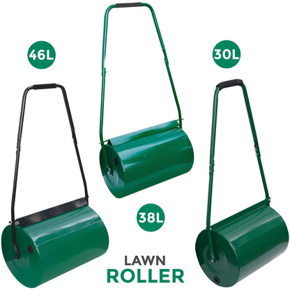 Heavy Duty Garden Grass Lawn Roller - Large Water or Sand Filled Drum, Galvanized Steel Construction, Scraper Bar & Collapsible Handle for Levelling Uneven Ground - Green