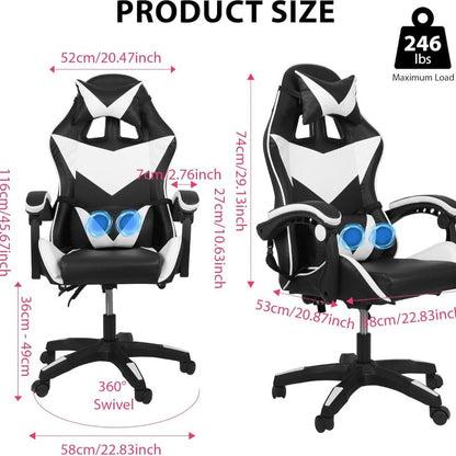 Gaming Chair Footrest Office Massage Computer Recliner Swivel Cushion High Back Support Lumbar Support