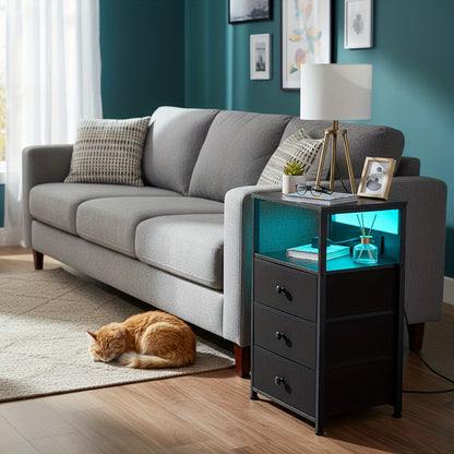 AMHANCIBLE 1pc Bedside Table with Charging Station, Side Table with LED Light, Nightstand with 3 Fabric Drawers And Open Storage Shelf, Bedside Cabinet for Bedroom, Living Room
