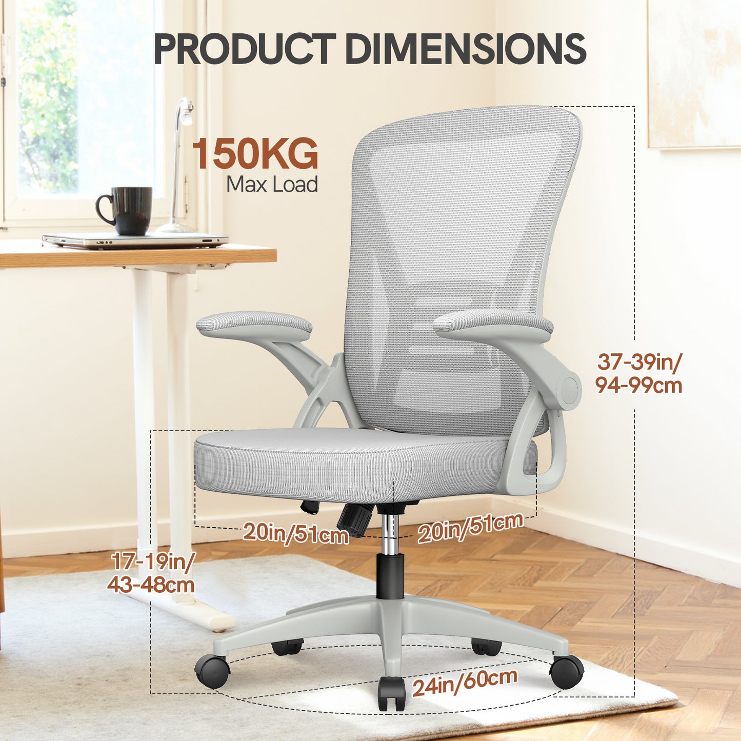 GartistGo Office Chair Ergonomic Desk with 90° Flip-up Armrest Lumbar Support, Height Adjustable Chair, Executive Swivel Computer Padded Seat Cushion for Home/Office