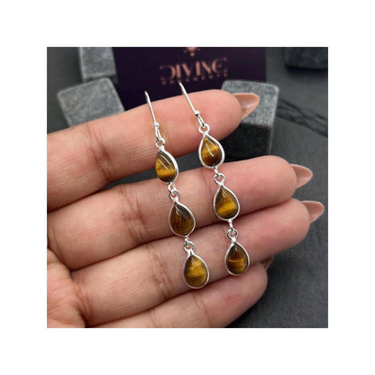 925 Sterling Silver Natural Gemstone 3 stone long Earring, Bezel Set Birthstone Ring, Perfect gift