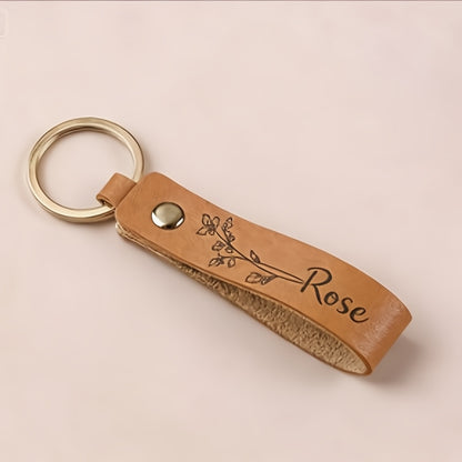 [Custom Leather Keychain] Personalized Leather Keychain - Custom Birth Flower Key Ring, Name Keychain, Bag Tag - Ideal for Women, Anniversary, Bridesmaid Gifts - Single
