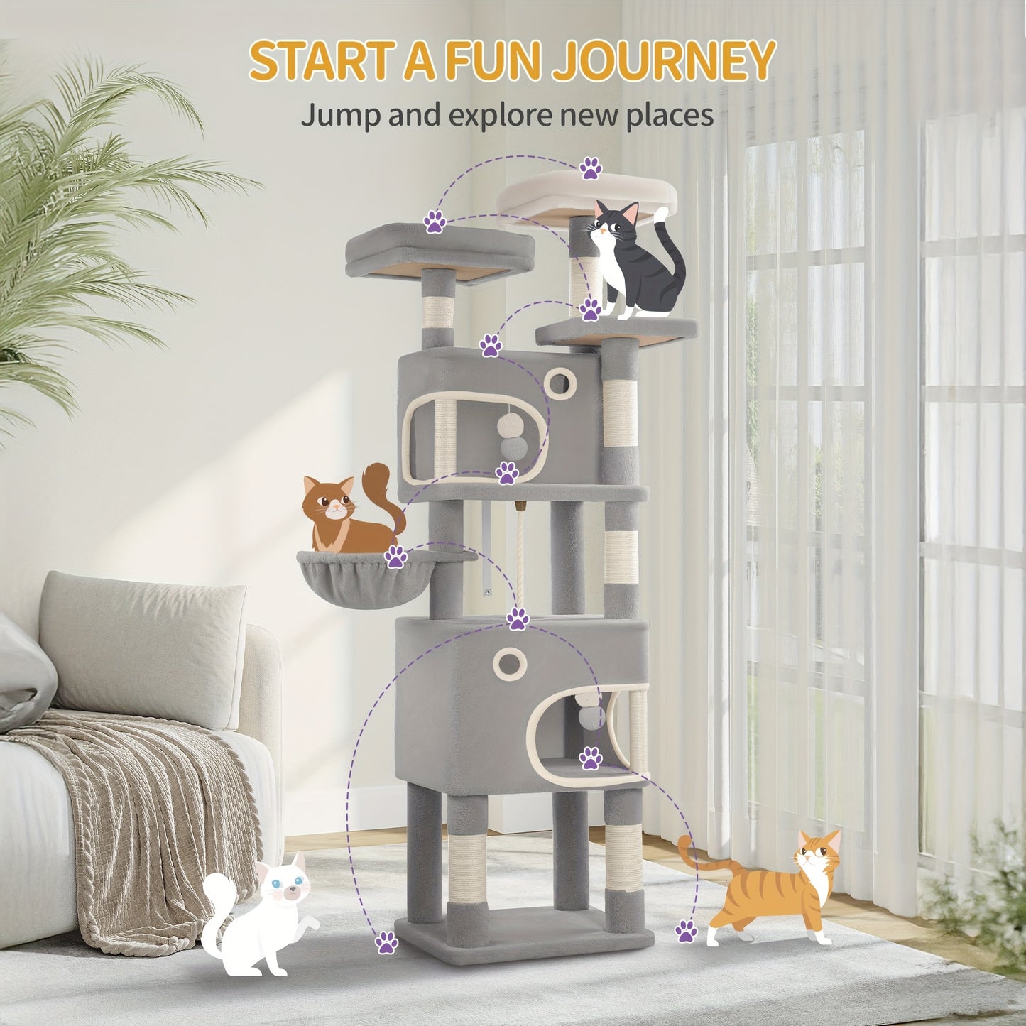 [Multi-Level Cat Tree] HZUANERI 180cm Multi-Level Cat Tree | 8 Scratching Posts, 3 Platforms, 2 Dens, Basket & Plush Balls - Durable Sisal Rope for Indoor Cats of All Sizes, Space-Saving Design for Climbing, Resting & Play, Cat Climbing Tower, Pet Activit