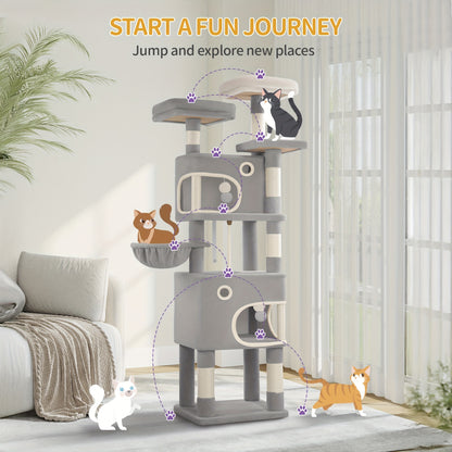 [Multi-Level Cat Tree] HZUANERI 180cm Multi-Level Cat Tree | 8 Scratching Posts, 3 Platforms, 2 Dens, Basket & Plush Balls - Durable Sisal Rope for Indoor Cats of All Sizes, Space-Saving Design for Climbing, Resting & Play, Cat Climbing Tower, Pet Activit